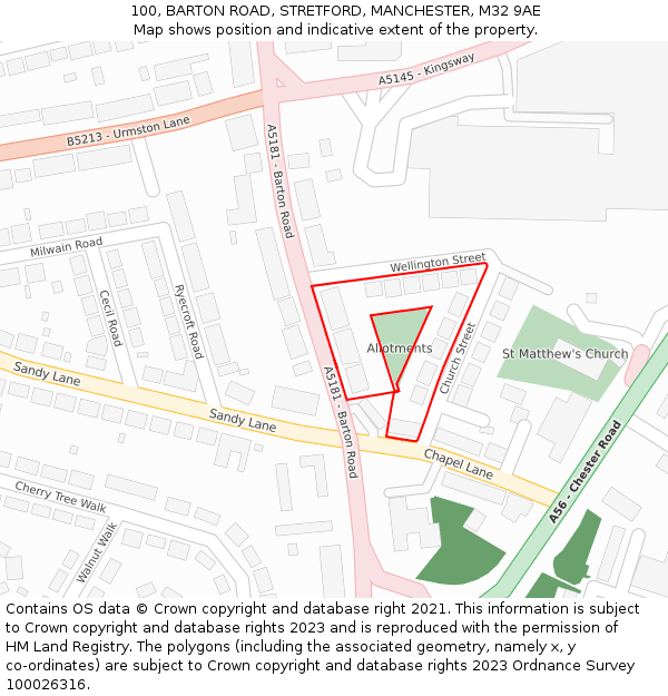 100, BARTON ROAD, STRETFORD, MANCHESTER, M32 9AE: Location map and indicative extent of plot