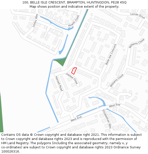 100, BELLE ISLE CRESCENT, BRAMPTON, HUNTINGDON, PE28 4SQ: Location map and indicative extent of plot