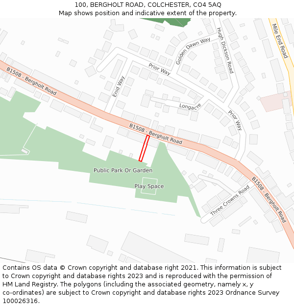 100, BERGHOLT ROAD, COLCHESTER, CO4 5AQ: Location map and indicative extent of plot
