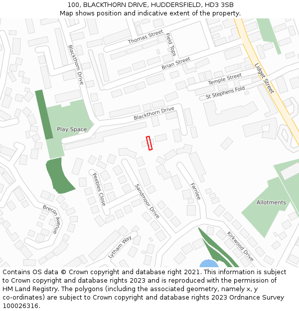 100, BLACKTHORN DRIVE, HUDDERSFIELD, HD3 3SB: Location map and indicative extent of plot