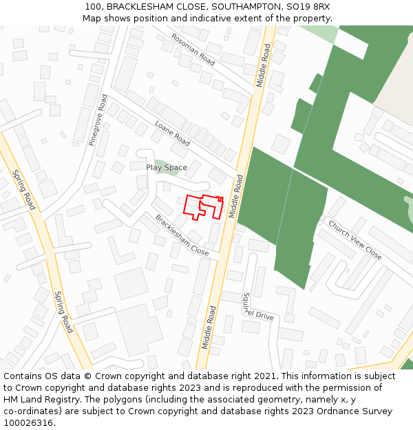 100, BRACKLESHAM CLOSE, SOUTHAMPTON, SO19 8RX: Location map and indicative extent of plot