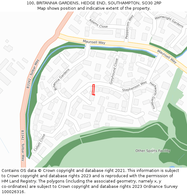 100, BRITANNIA GARDENS, HEDGE END, SOUTHAMPTON, SO30 2RP: Location map and indicative extent of plot