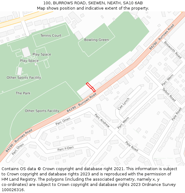 100, BURROWS ROAD, SKEWEN, NEATH, SA10 6AB: Location map and indicative extent of plot