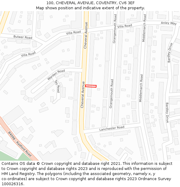 100, CHEVERAL AVENUE, COVENTRY, CV6 3EF: Location map and indicative extent of plot