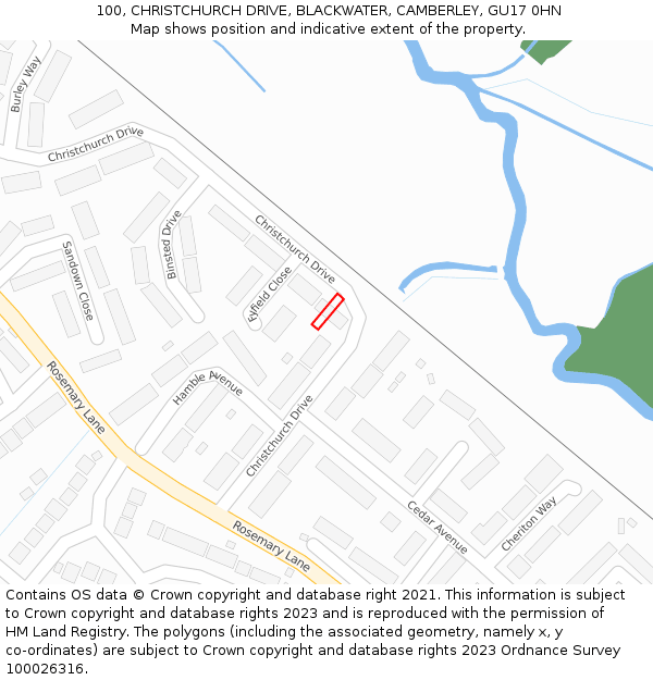 100, CHRISTCHURCH DRIVE, BLACKWATER, CAMBERLEY, GU17 0HN: Location map and indicative extent of plot