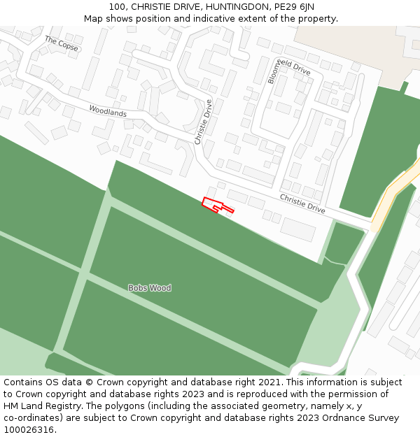 100, CHRISTIE DRIVE, HUNTINGDON, PE29 6JN: Location map and indicative extent of plot