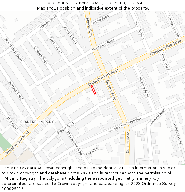 100, CLARENDON PARK ROAD, LEICESTER, LE2 3AE: Location map and indicative extent of plot