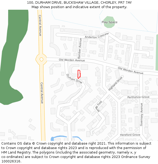 100, DURHAM DRIVE, BUCKSHAW VILLAGE, CHORLEY, PR7 7AY: Location map and indicative extent of plot