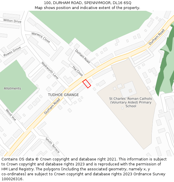 100, DURHAM ROAD, SPENNYMOOR, DL16 6SQ: Location map and indicative extent of plot