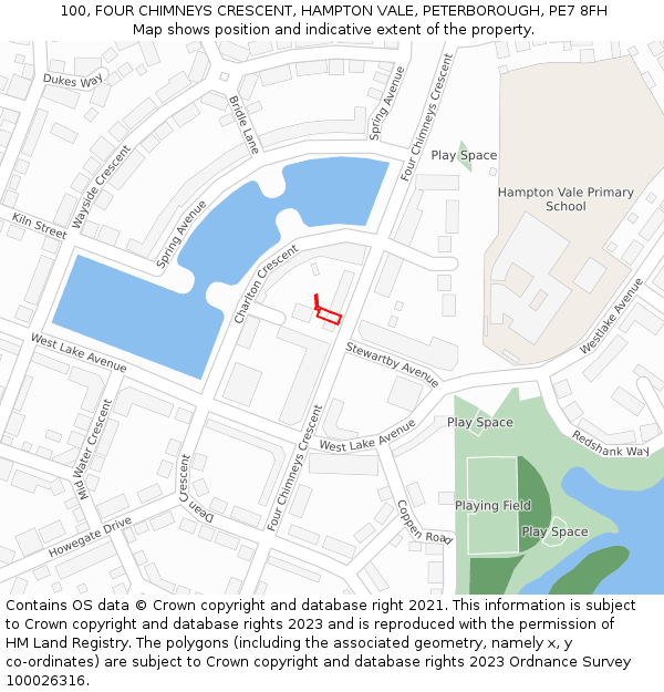 100, FOUR CHIMNEYS CRESCENT, HAMPTON VALE, PETERBOROUGH, PE7 8FH: Location map and indicative extent of plot