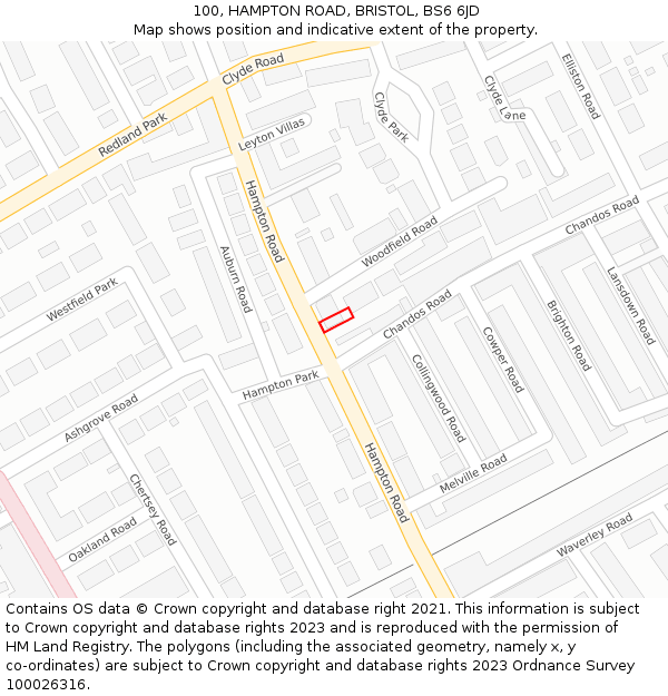100, HAMPTON ROAD, BRISTOL, BS6 6JD: Location map and indicative extent of plot