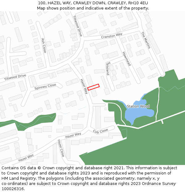 100, HAZEL WAY, CRAWLEY DOWN, CRAWLEY, RH10 4EU: Location map and indicative extent of plot