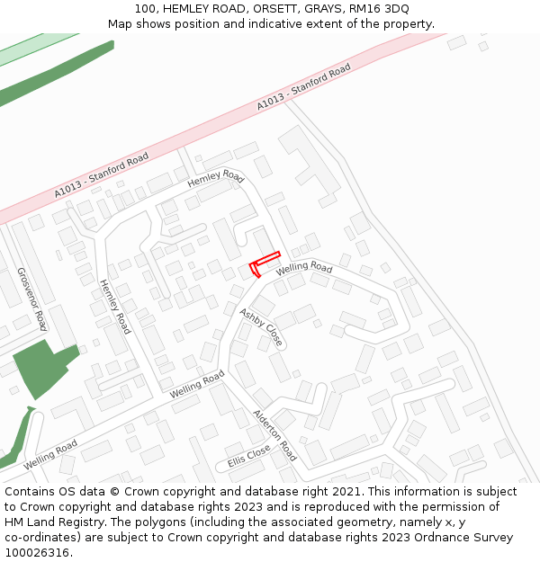 100, HEMLEY ROAD, ORSETT, GRAYS, RM16 3DQ: Location map and indicative extent of plot