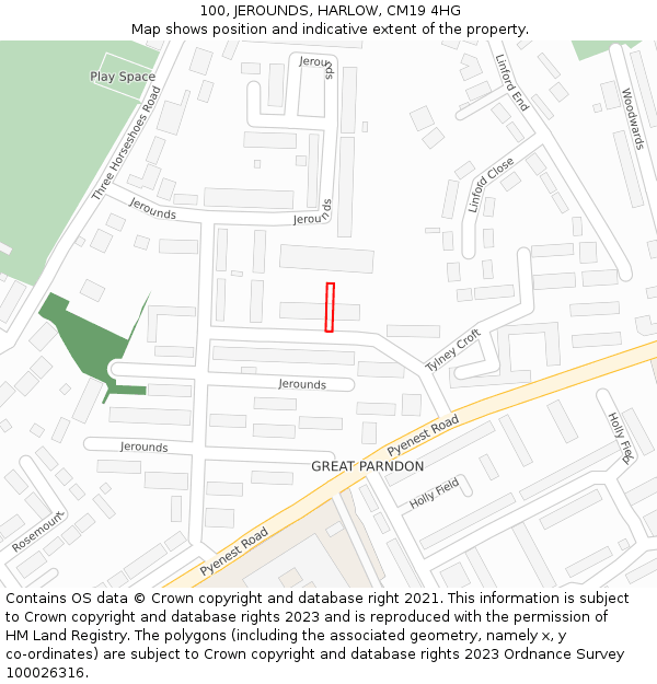 100, JEROUNDS, HARLOW, CM19 4HG: Location map and indicative extent of plot