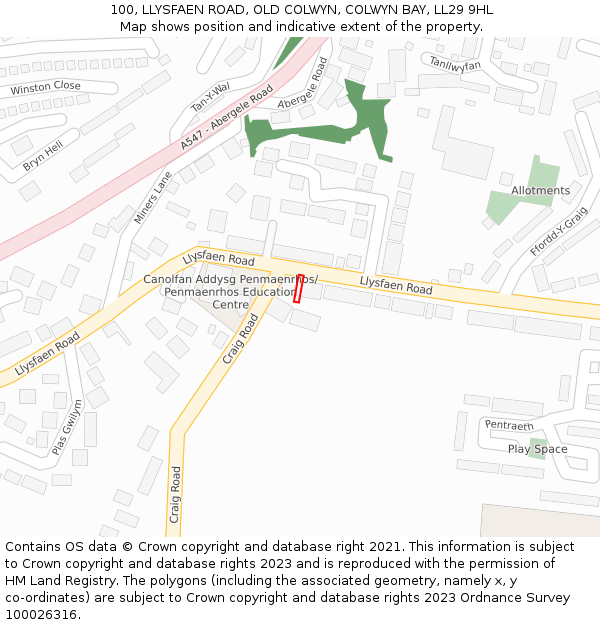 100, LLYSFAEN ROAD, OLD COLWYN, COLWYN BAY, LL29 9HL: Location map and indicative extent of plot