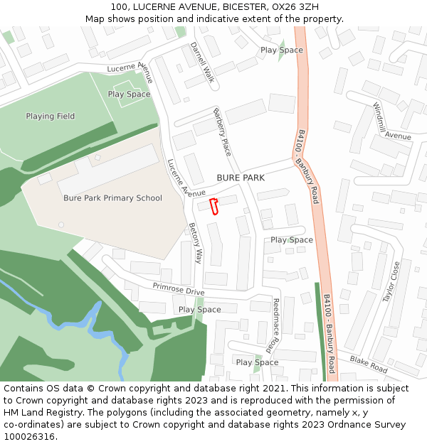 100, LUCERNE AVENUE, BICESTER, OX26 3ZH: Location map and indicative extent of plot