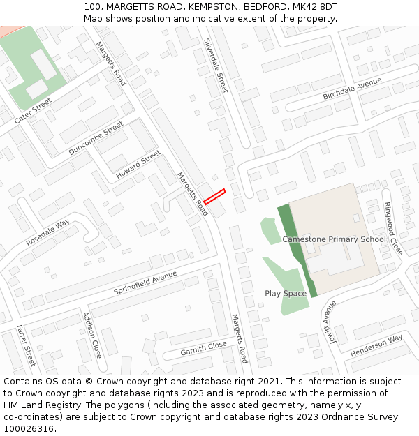100, MARGETTS ROAD, KEMPSTON, BEDFORD, MK42 8DT: Location map and indicative extent of plot