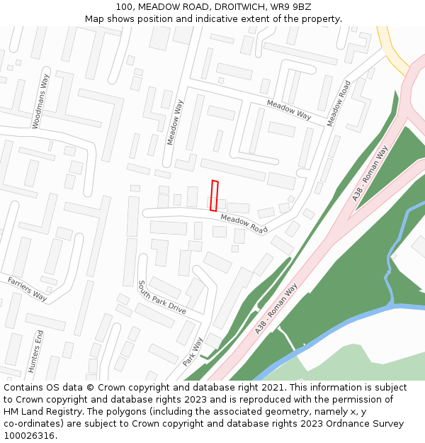 100, MEADOW ROAD, DROITWICH, WR9 9BZ: Location map and indicative extent of plot