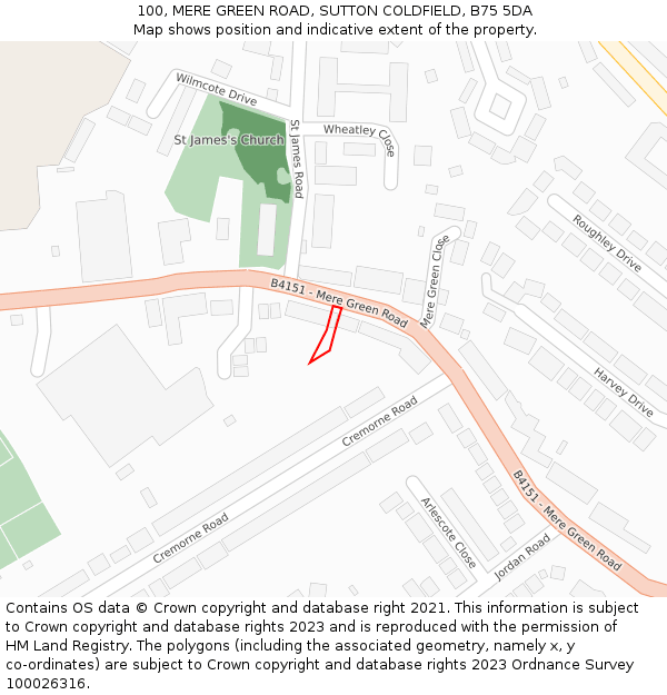 100, MERE GREEN ROAD, SUTTON COLDFIELD, B75 5DA: Location map and indicative extent of plot