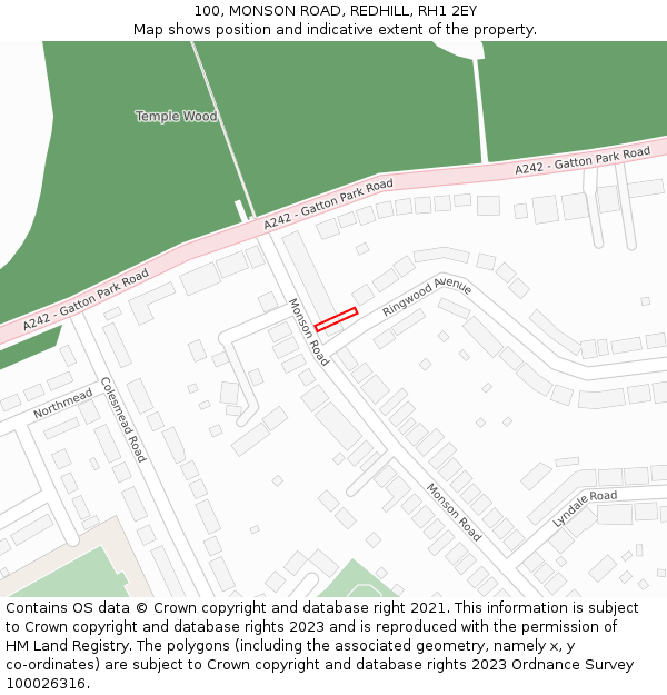 100, MONSON ROAD, REDHILL, RH1 2EY: Location map and indicative extent of plot