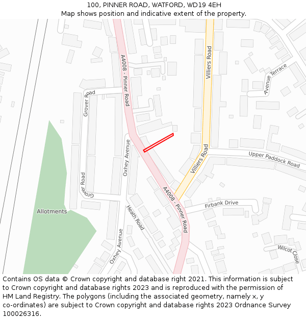 100, PINNER ROAD, WATFORD, WD19 4EH: Location map and indicative extent of plot