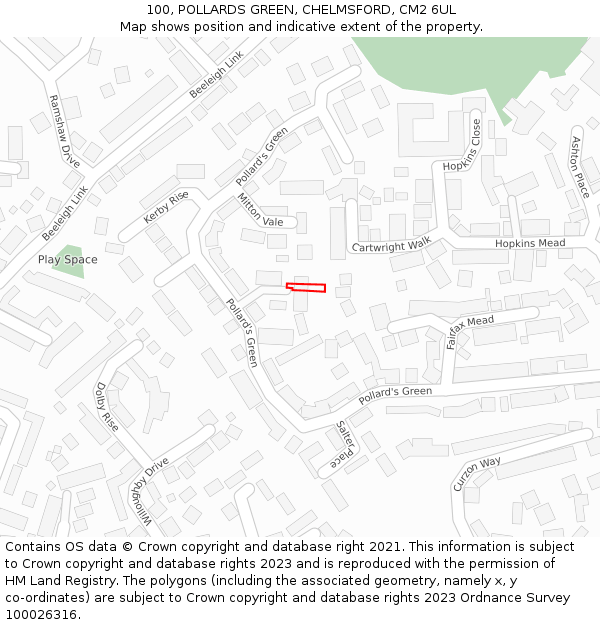 100, POLLARDS GREEN, CHELMSFORD, CM2 6UL: Location map and indicative extent of plot
