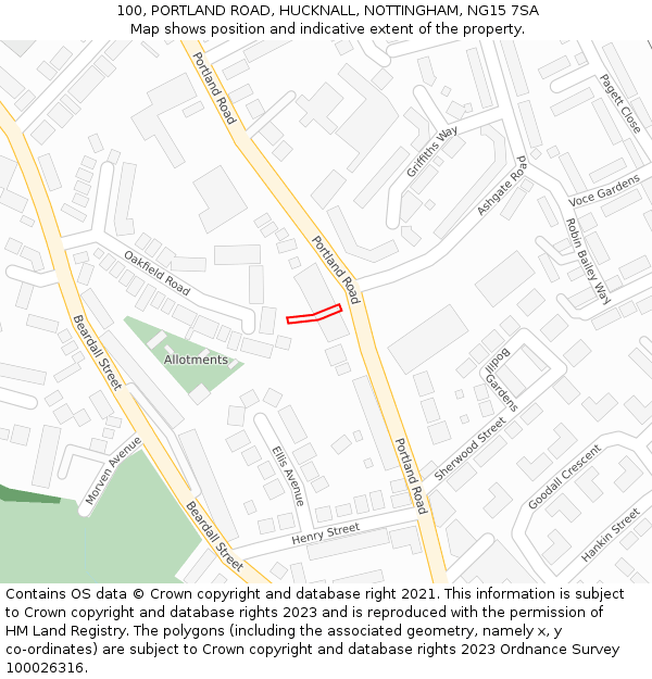 100, PORTLAND ROAD, HUCKNALL, NOTTINGHAM, NG15 7SA: Location map and indicative extent of plot