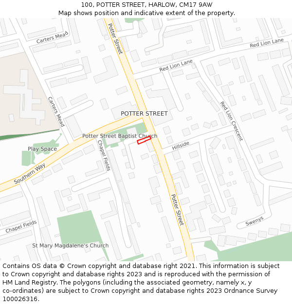 100, POTTER STREET, HARLOW, CM17 9AW: Location map and indicative extent of plot