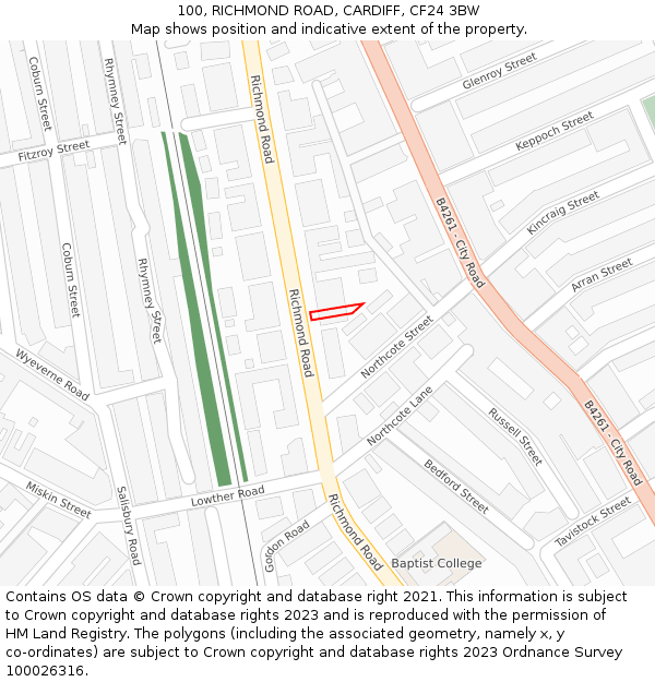 100, RICHMOND ROAD, CARDIFF, CF24 3BW: Location map and indicative extent of plot
