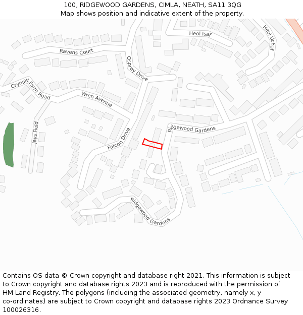 100, RIDGEWOOD GARDENS, CIMLA, NEATH, SA11 3QG: Location map and indicative extent of plot