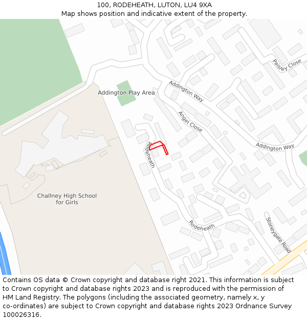 100, RODEHEATH, LUTON, LU4 9XA: Location map and indicative extent of plot