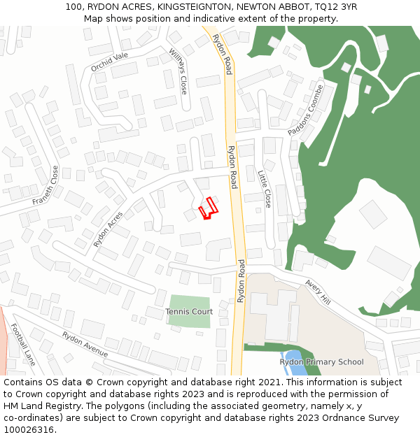 100, RYDON ACRES, KINGSTEIGNTON, NEWTON ABBOT, TQ12 3YR: Location map and indicative extent of plot