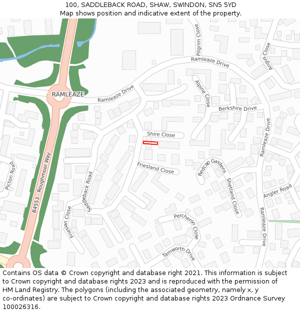 100, SADDLEBACK ROAD, SHAW, SWINDON, SN5 5YD: Location map and indicative extent of plot