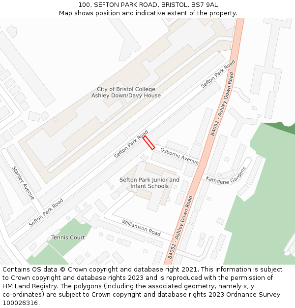 100, SEFTON PARK ROAD, BRISTOL, BS7 9AL: Location map and indicative extent of plot