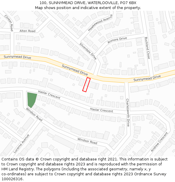 100, SUNNYMEAD DRIVE, WATERLOOVILLE, PO7 6BX: Location map and indicative extent of plot
