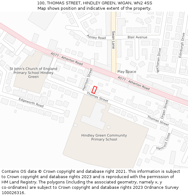 100, THOMAS STREET, HINDLEY GREEN, WIGAN, WN2 4SS: Location map and indicative extent of plot