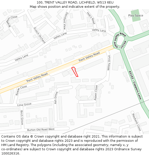 100, TRENT VALLEY ROAD, LICHFIELD, WS13 6EU: Location map and indicative extent of plot