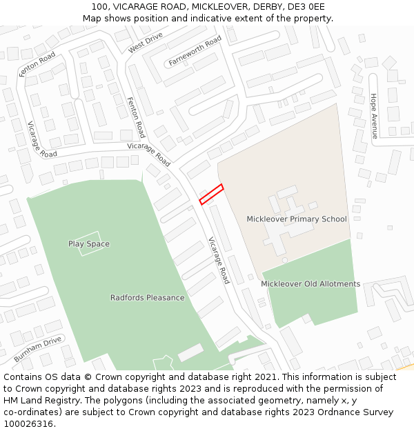 100, VICARAGE ROAD, MICKLEOVER, DERBY, DE3 0EE: Location map and indicative extent of plot