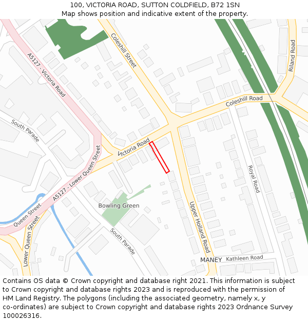 100, VICTORIA ROAD, SUTTON COLDFIELD, B72 1SN: Location map and indicative extent of plot
