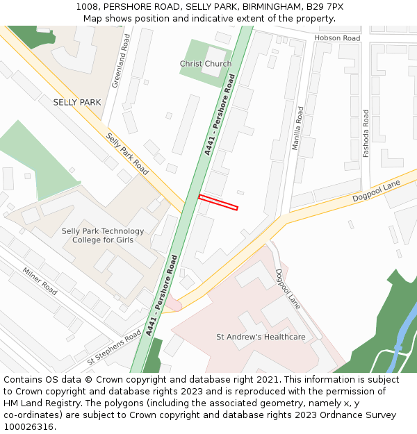 1008, PERSHORE ROAD, SELLY PARK, BIRMINGHAM, B29 7PX: Location map and indicative extent of plot