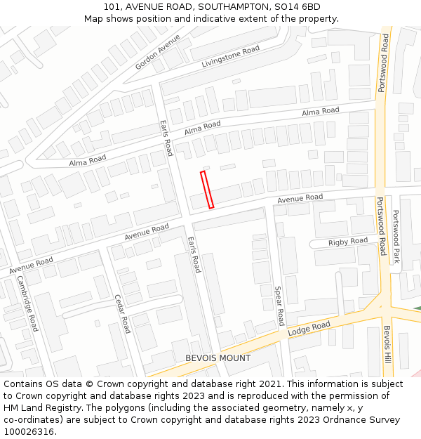 101, AVENUE ROAD, SOUTHAMPTON, SO14 6BD: Location map and indicative extent of plot