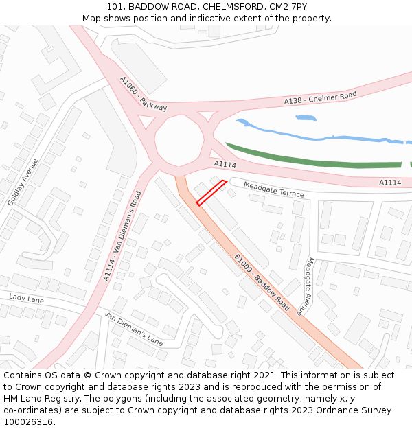 101, BADDOW ROAD, CHELMSFORD, CM2 7PY: Location map and indicative extent of plot