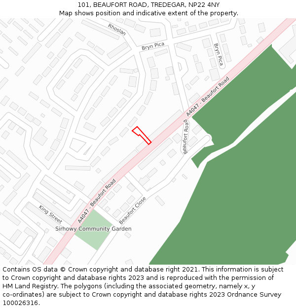 101, BEAUFORT ROAD, TREDEGAR, NP22 4NY: Location map and indicative extent of plot