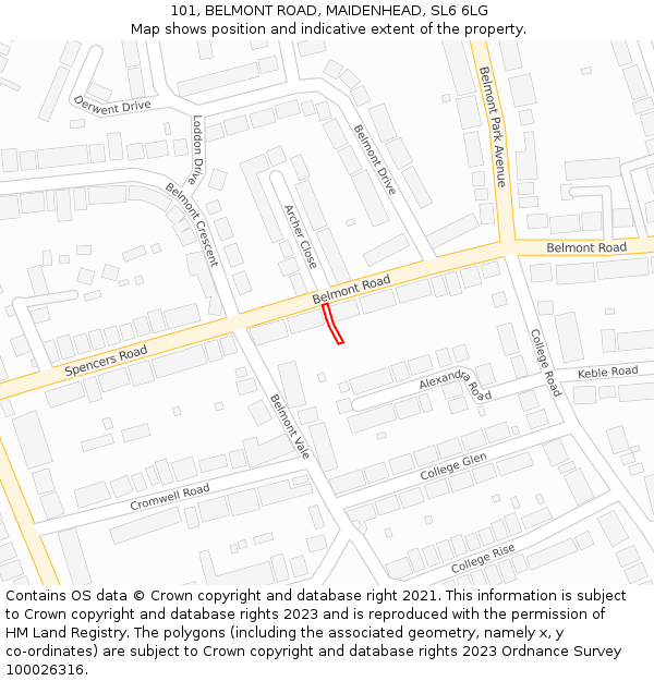 101, BELMONT ROAD, MAIDENHEAD, SL6 6LG: Location map and indicative extent of plot