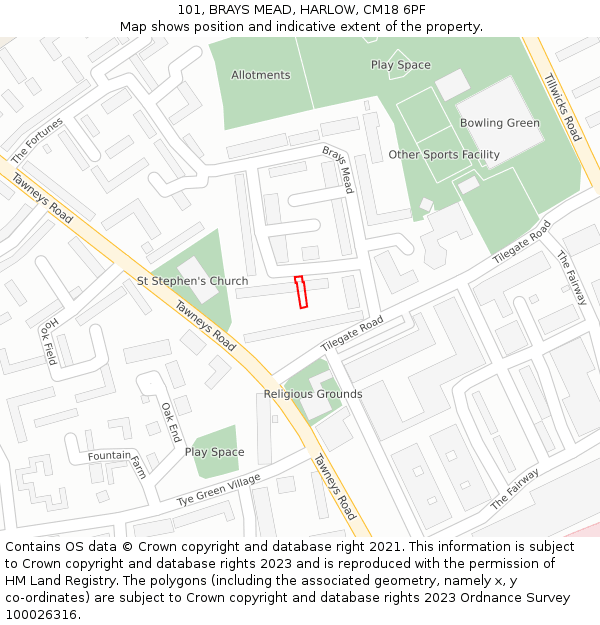 101, BRAYS MEAD, HARLOW, CM18 6PF: Location map and indicative extent of plot