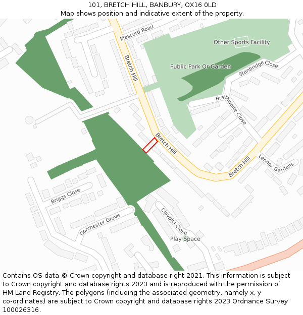 101, BRETCH HILL, BANBURY, OX16 0LD: Location map and indicative extent of plot