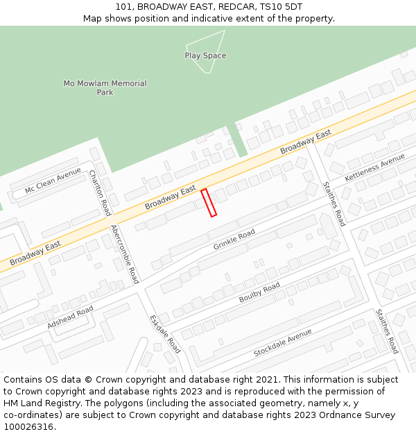101, BROADWAY EAST, REDCAR, TS10 5DT: Location map and indicative extent of plot