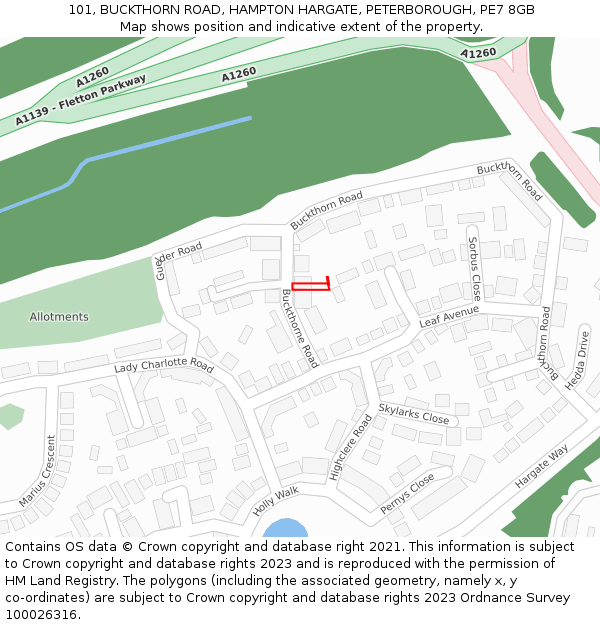 101, BUCKTHORN ROAD, HAMPTON HARGATE, PETERBOROUGH, PE7 8GB: Location map and indicative extent of plot