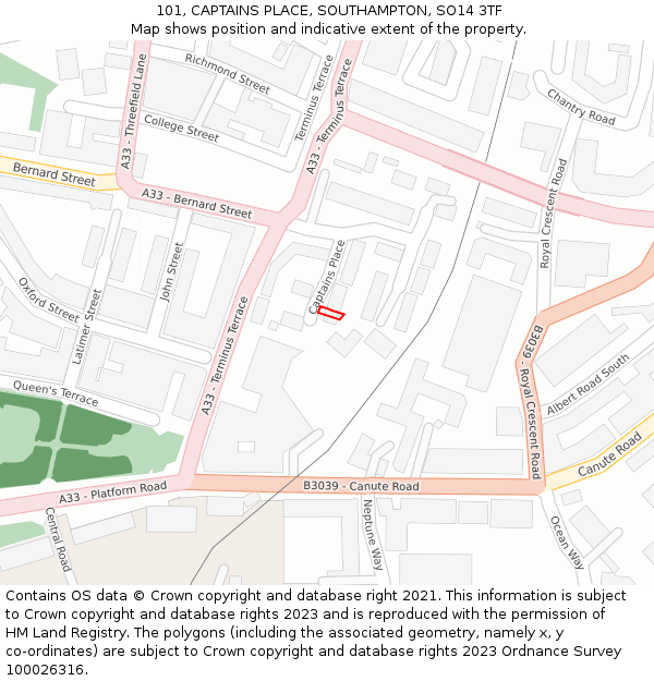 101, CAPTAINS PLACE, SOUTHAMPTON, SO14 3TF: Location map and indicative extent of plot