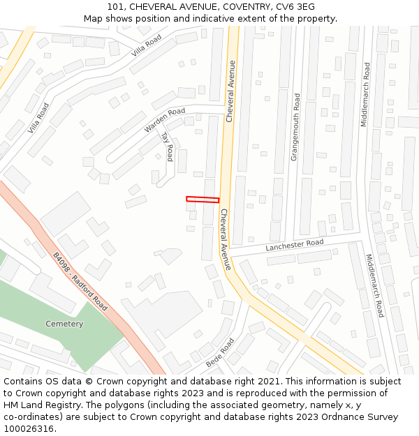 101, CHEVERAL AVENUE, COVENTRY, CV6 3EG: Location map and indicative extent of plot